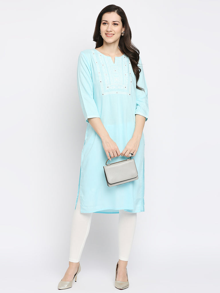 Women's Blue Rayon Embroidered Kurta