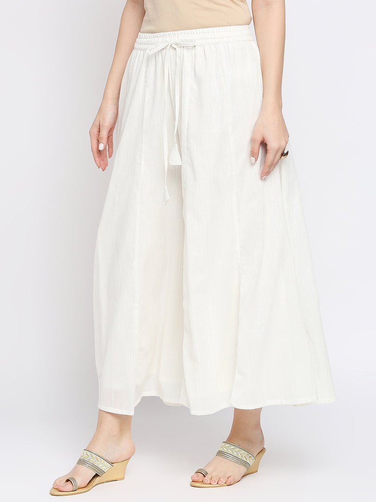 Women's Off White Cotton Blend Stripes Palazzo