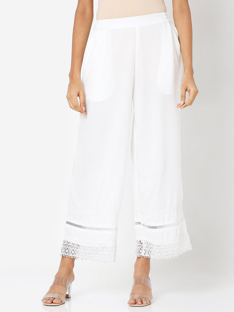 Women's Off White Rayon Solid Palazzo