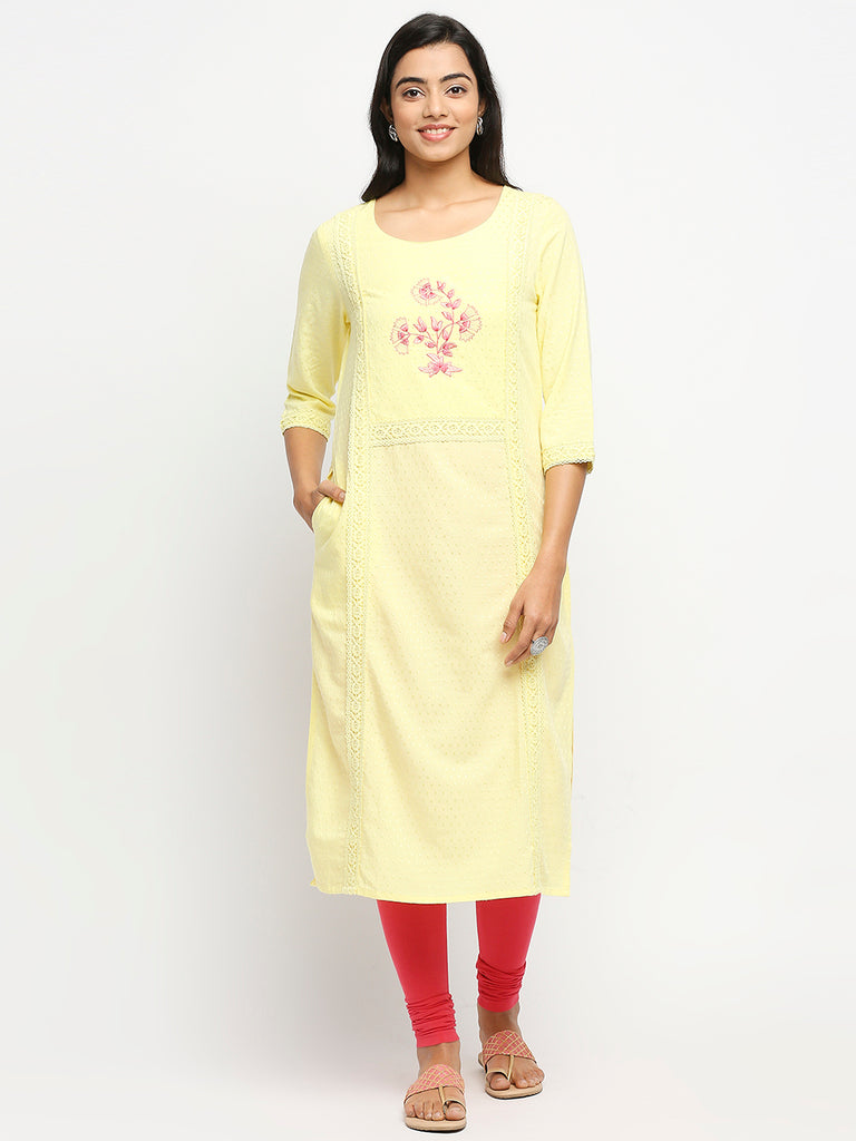 Women's Yellow Rayon Flax  Kurta