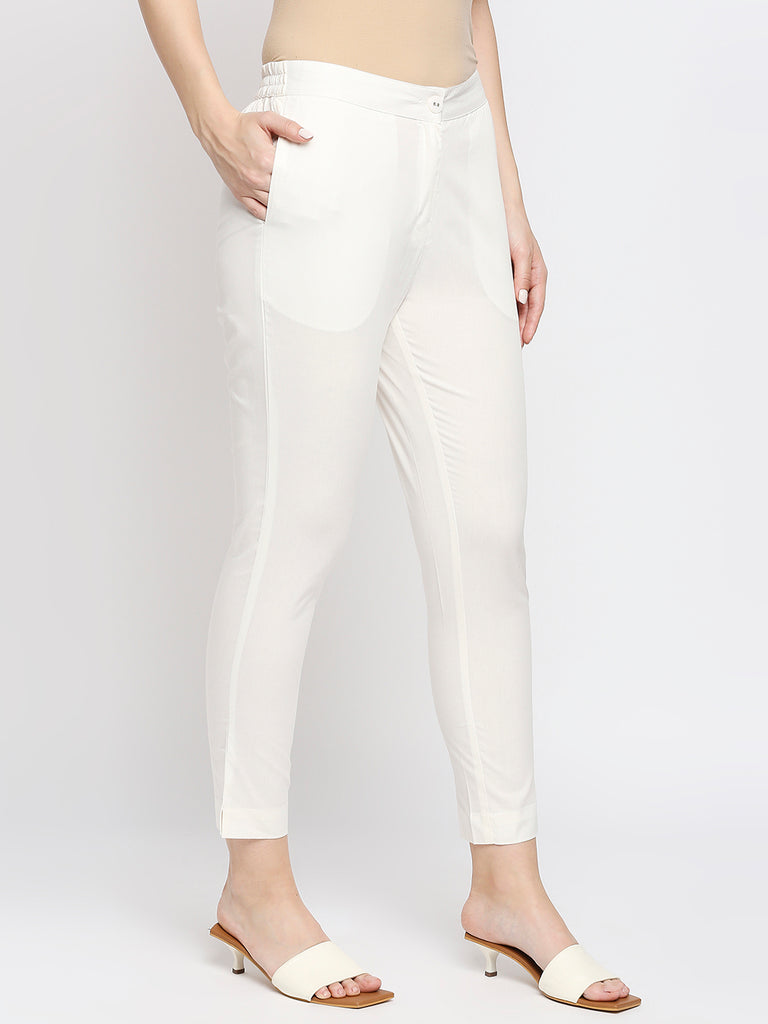 Women's Off White Cotton Solid Pants