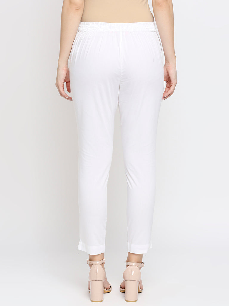 Women's White Cotton Solid Pants