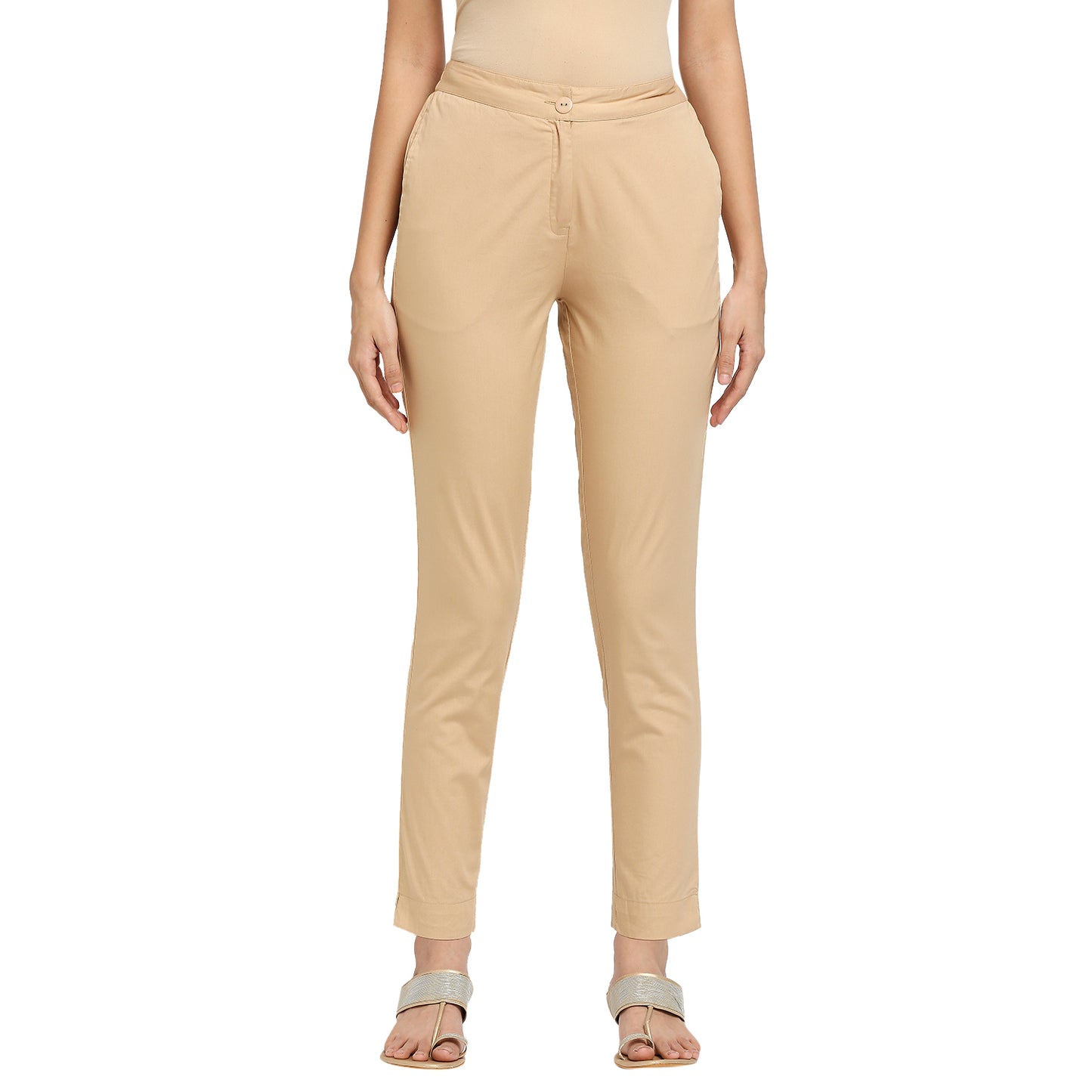 Women's Beige Cotton Solid Pants