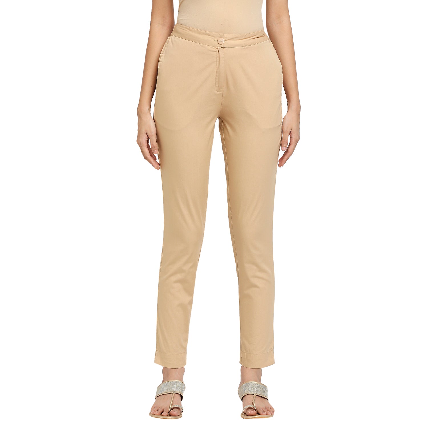 Women's Beige Cotton Solid Pants