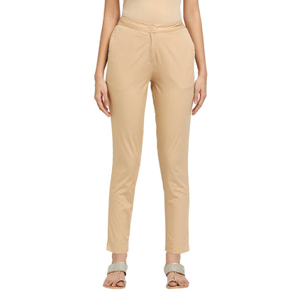 Women's Beige Cotton Solid Pants