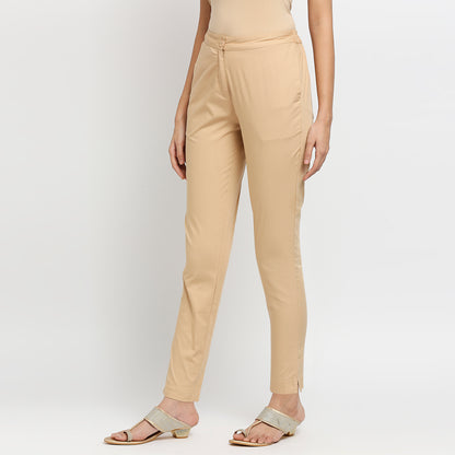 Women's Beige Cotton Solid Pants