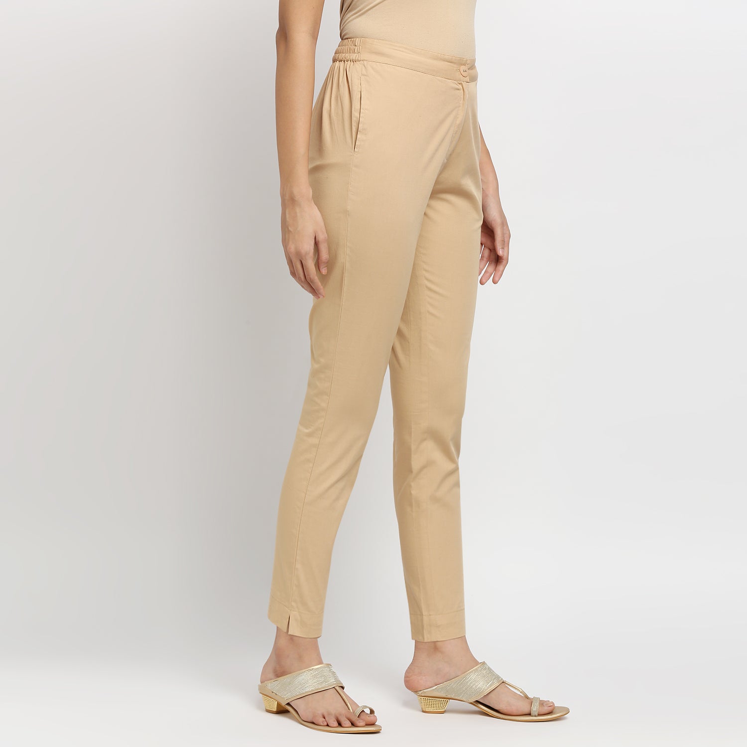 Women's Beige Cotton Solid Pants
