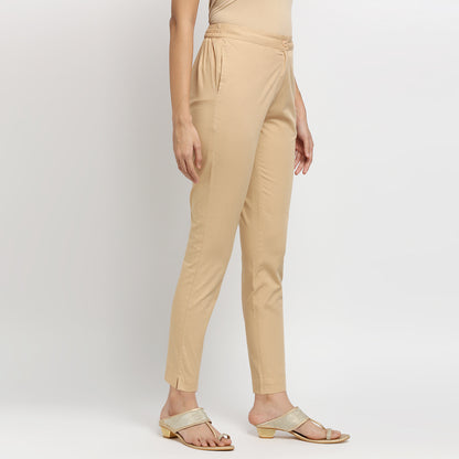 Women's Beige Cotton Solid Pants