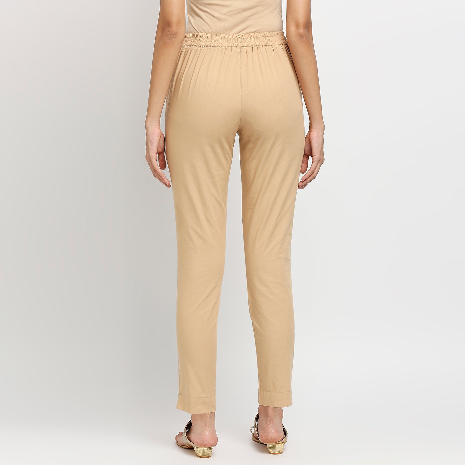 Women's Beige Cotton Solid Pants
