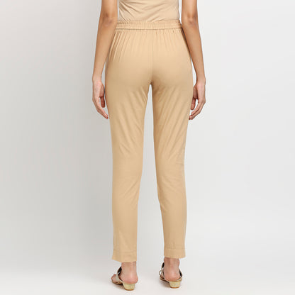 Women's Beige Cotton Solid Pants