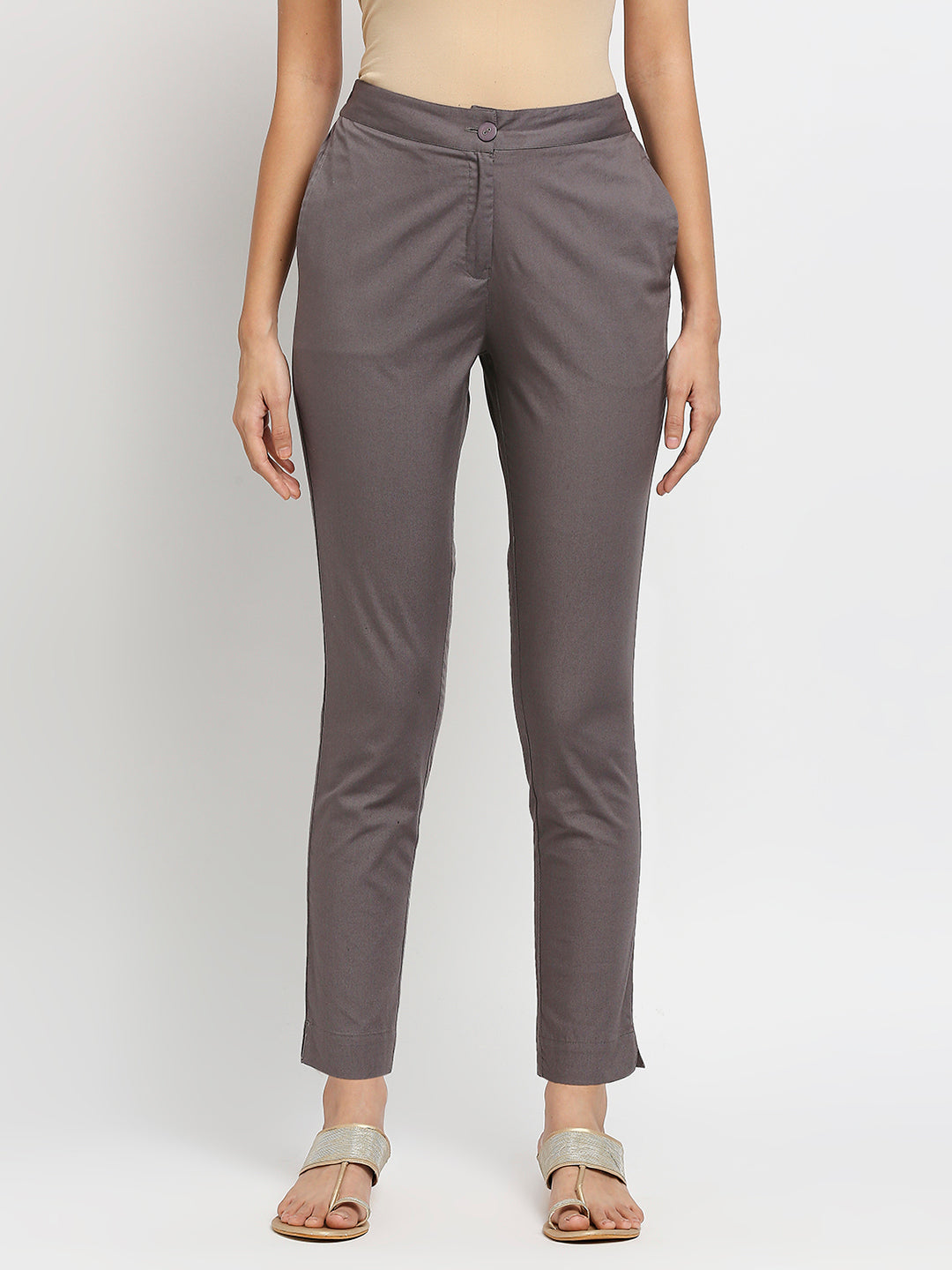 Women's Grey Cotton Solid Pants