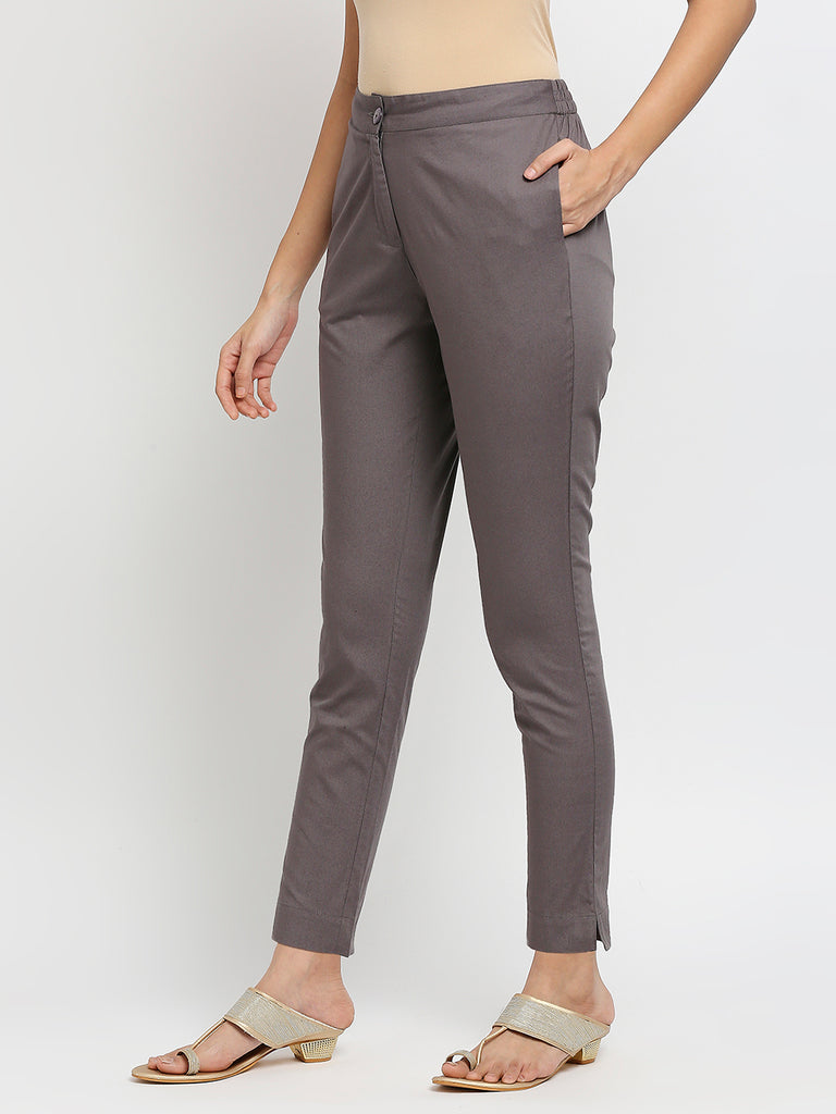 Women's Grey Cotton Solid Pants