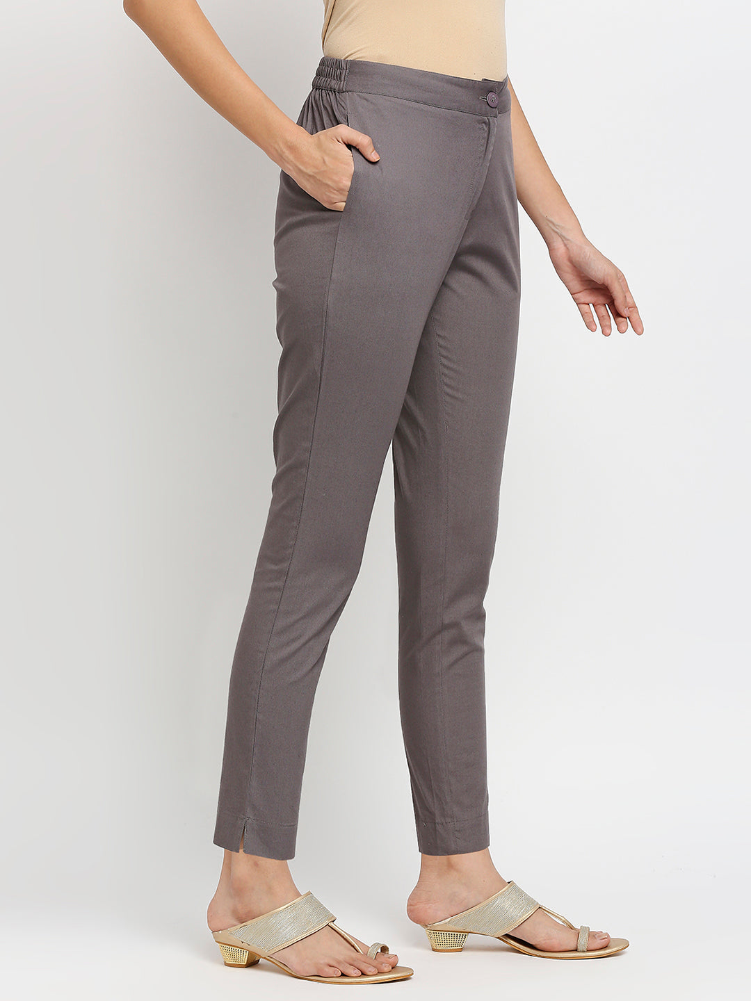 Women's Grey Cotton Solid Pants