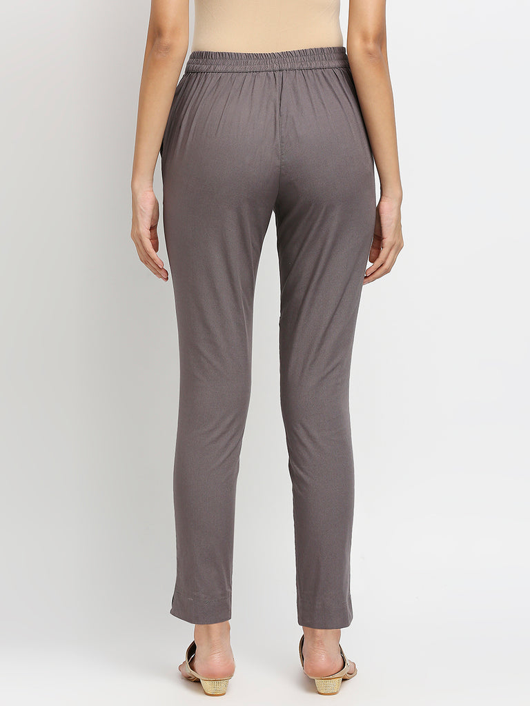 Women's Grey Cotton Solid Pants