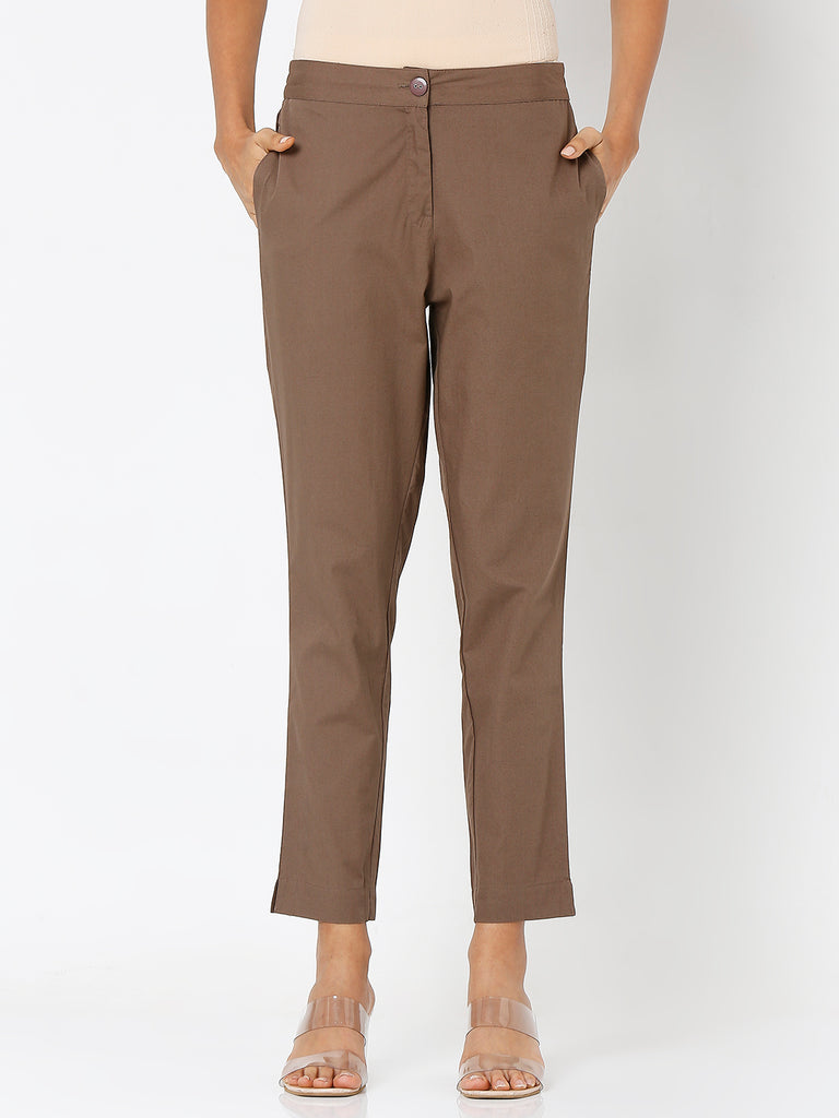 Women's Brown Cotton Solid Pant