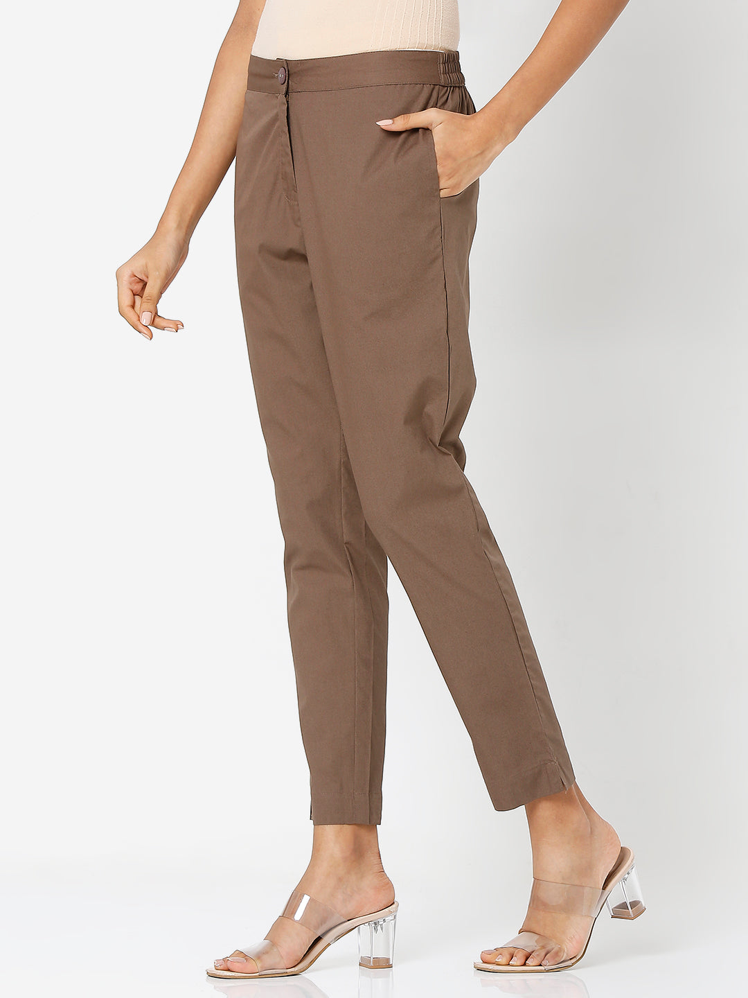 Women's Brown Cotton Solid Pant