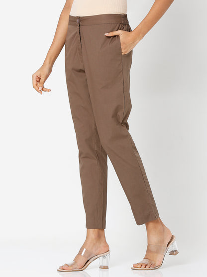 Women's Brown Cotton Solid Pant