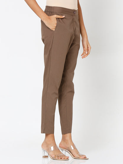 Women's Brown Cotton Solid Pant