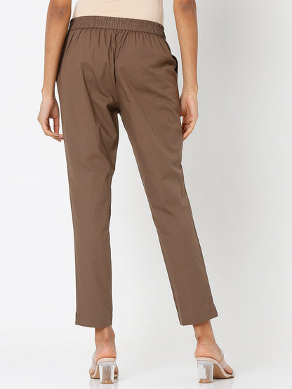 Women's Brown Cotton Solid Pant