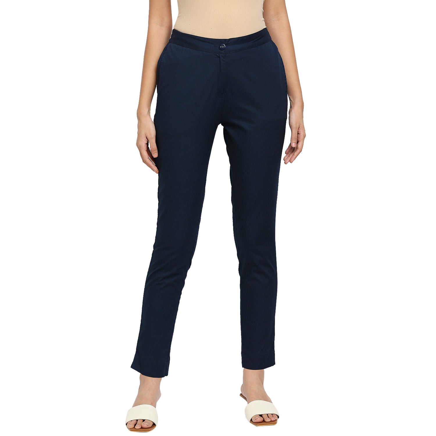 Women's Navy Cotton Solid Pants