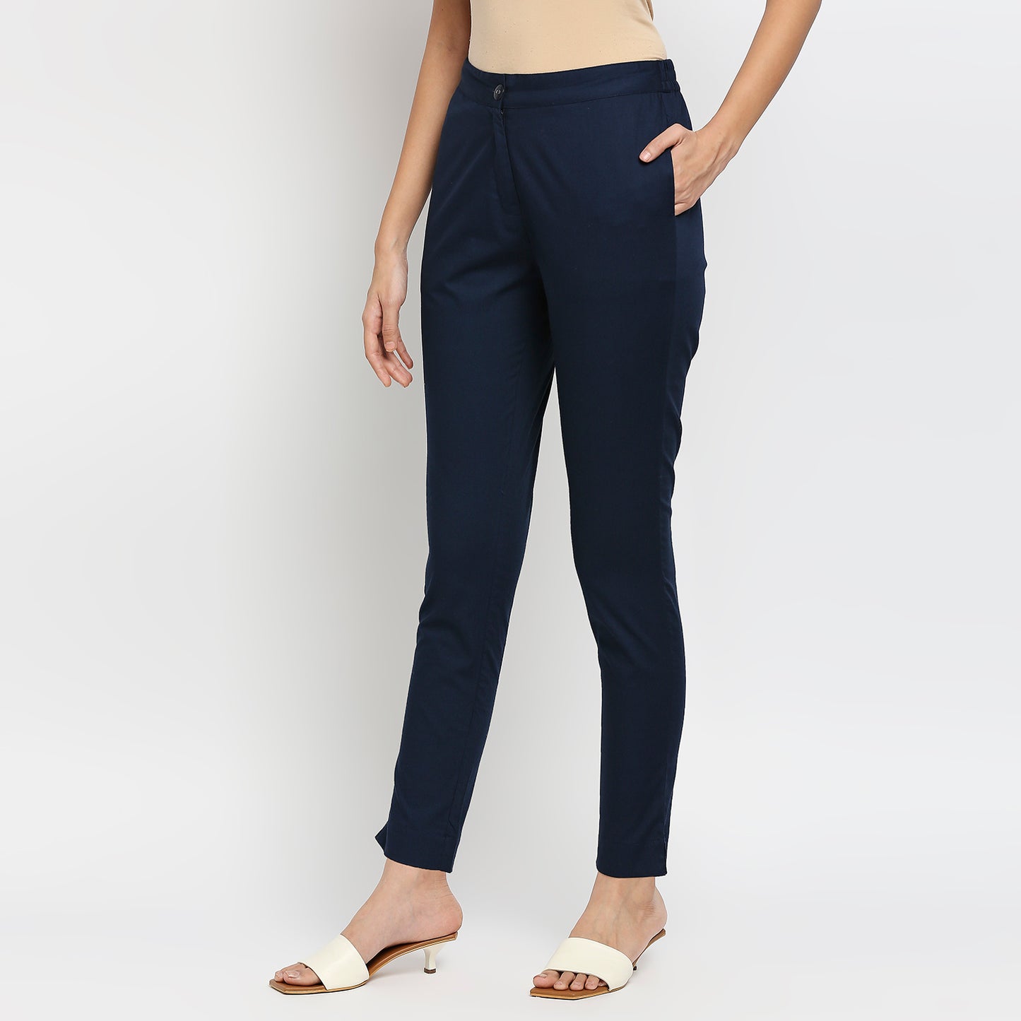 Women's Navy Cotton Solid Pants