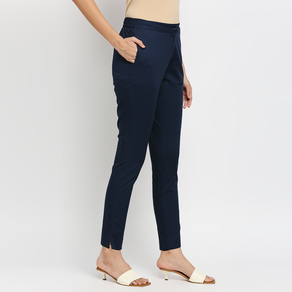 Women's Navy Cotton Solid Pants
