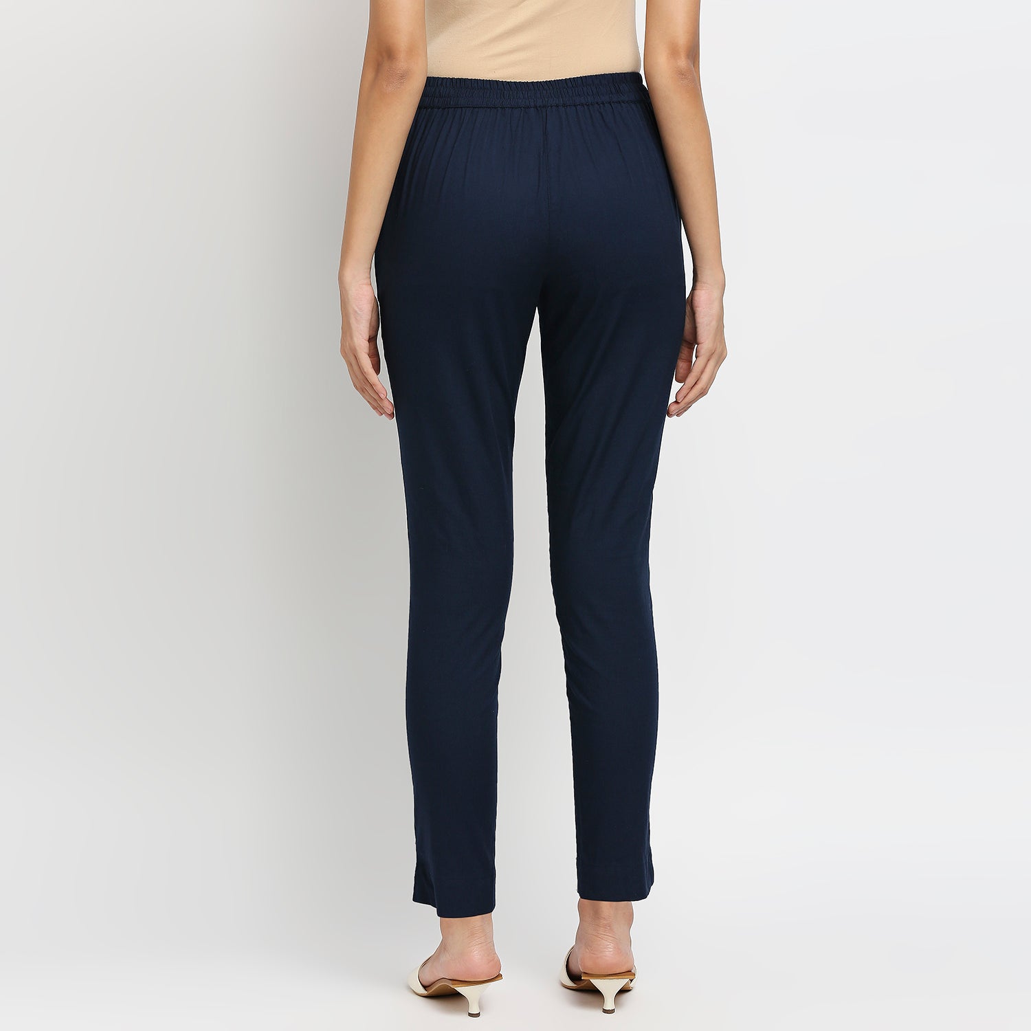 Women's Navy Cotton Solid Pants