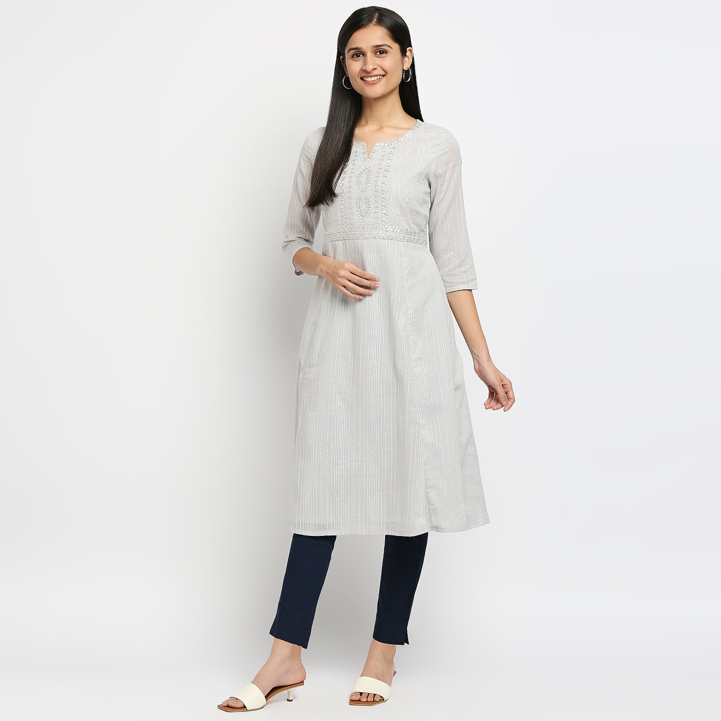 Women's Navy Cotton Solid Pants