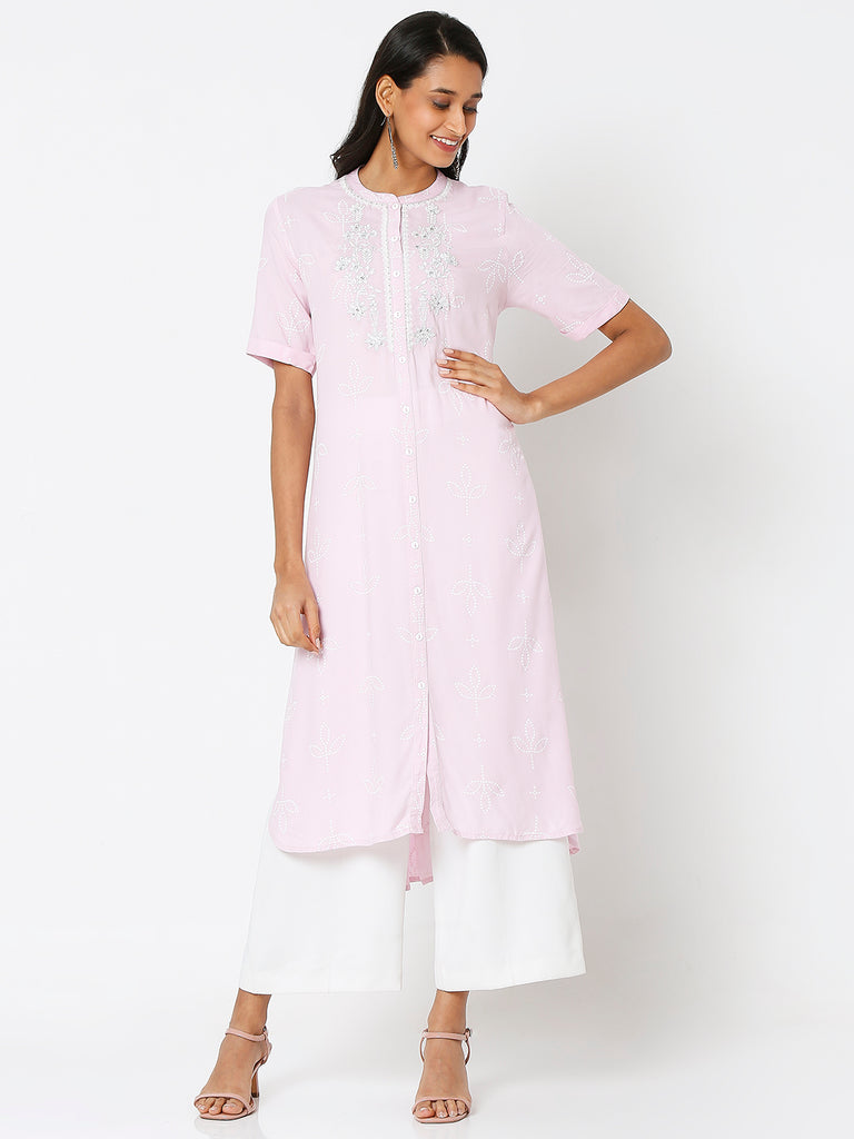 Women's Pink Rayon Embroidered Kurta
