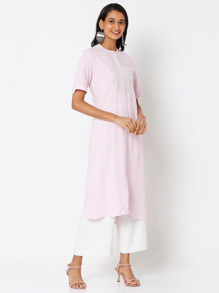 Women's Pink Rayon Embroidered Kurta