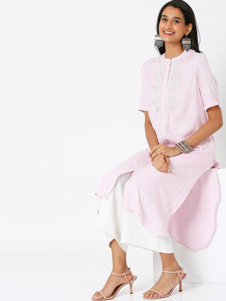 Women's Pink Rayon Embroidered Kurta
