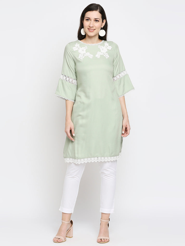 Women's Sage Green Rayon Embroidered Kurta
