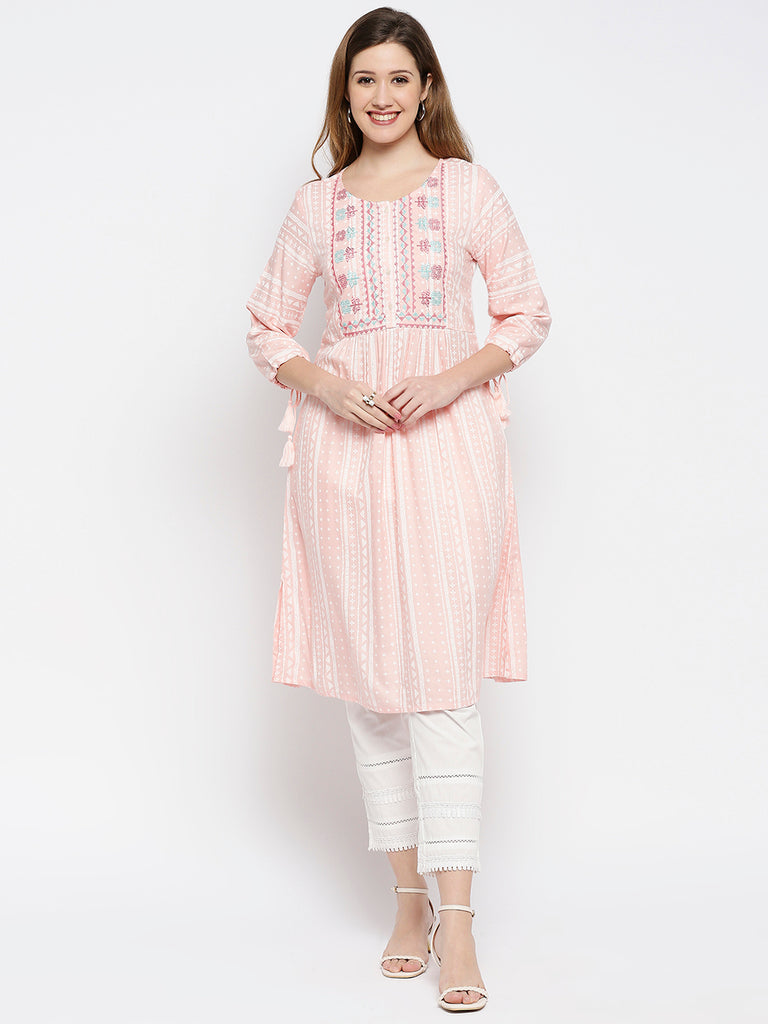 Women Peach Rayon Embroidered Kurta