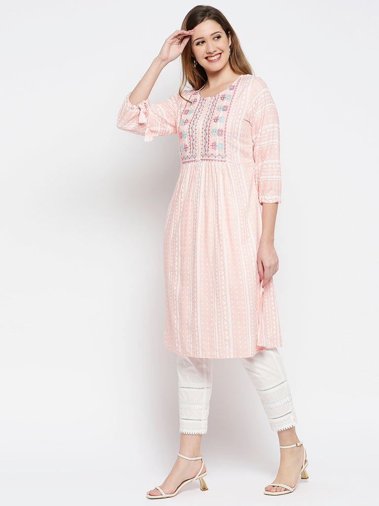 Women Peach Rayon Embroidered Kurta