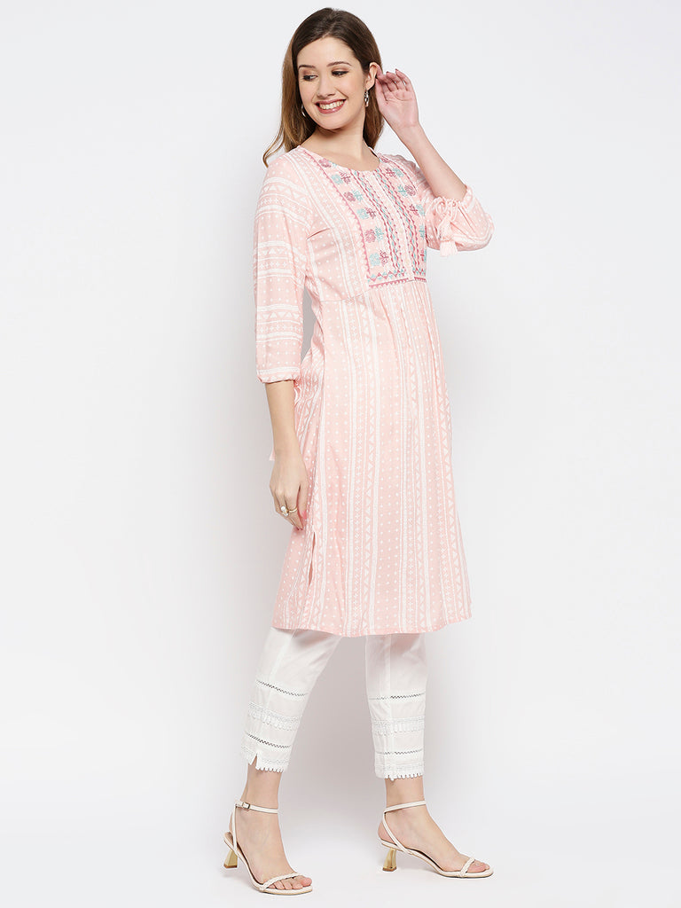 Women Peach Rayon Embroidered Kurta