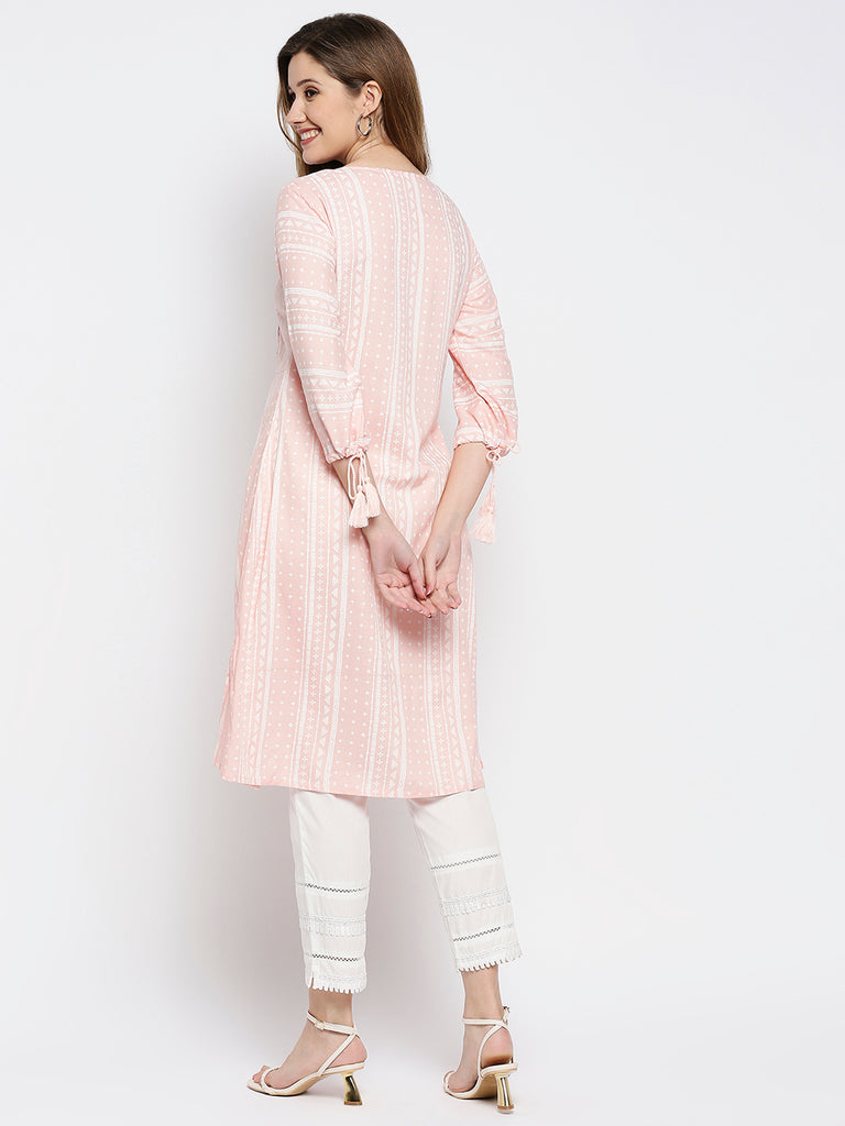 Women Peach Rayon Embroidered Kurta