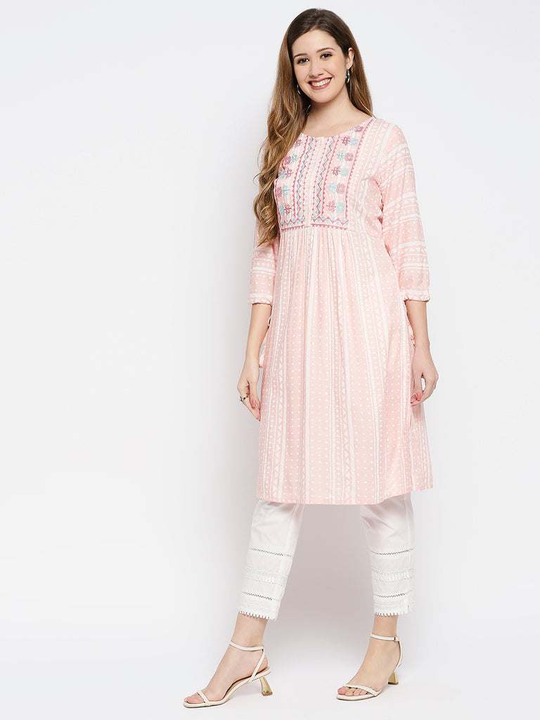 Women Peach Rayon Embroidered Kurta