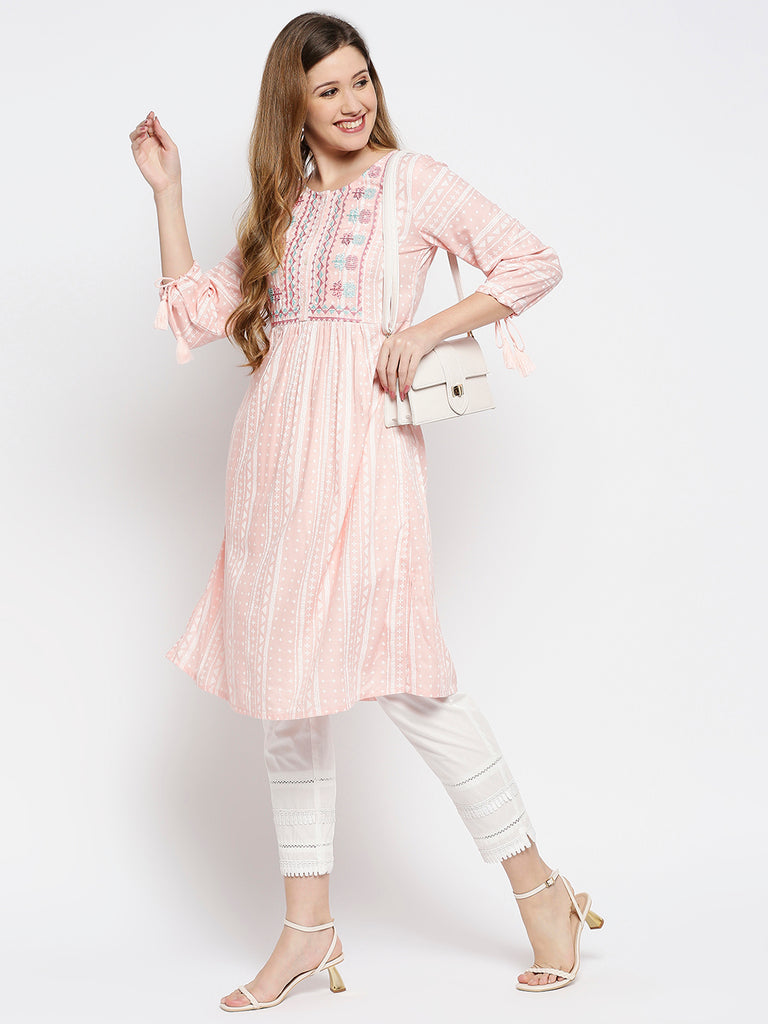 Women Peach Rayon Embroidered Kurta