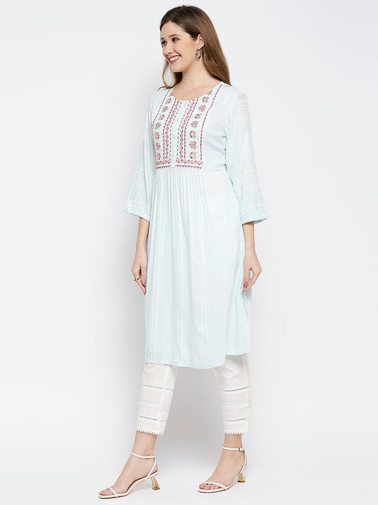 Women Blue Rayon Embroidered Kurta