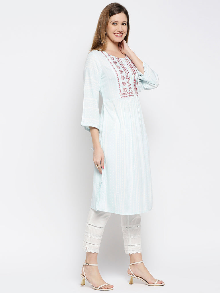 Women Blue Rayon Embroidered Kurta