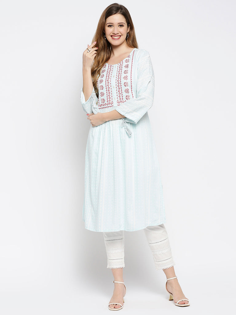 Women Blue Rayon Embroidered Kurta