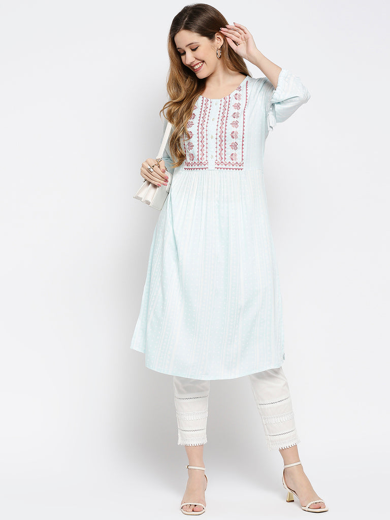 Women Blue Rayon Embroidered Kurta