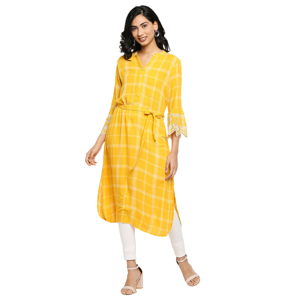 Women's Yellow Viscose Checkered Kurta