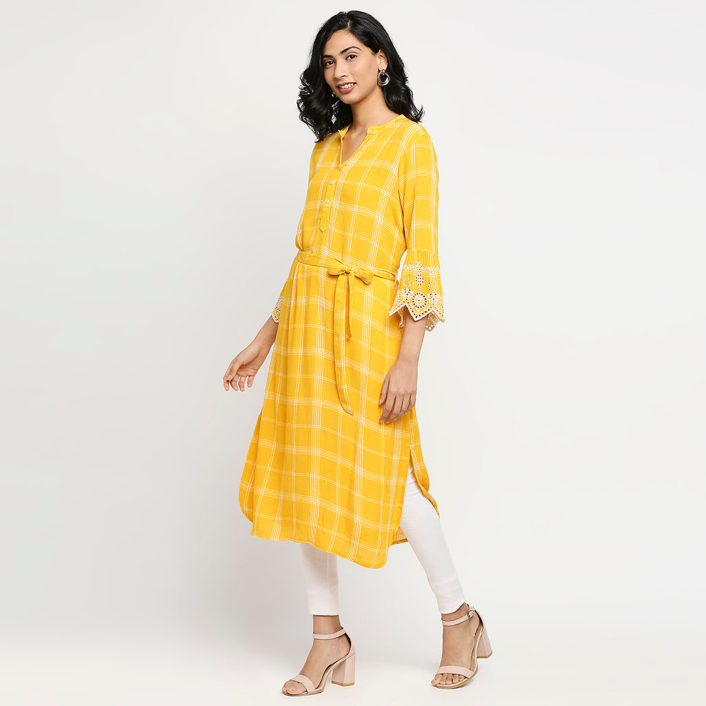 Women's Yellow Viscose Checkered Kurta