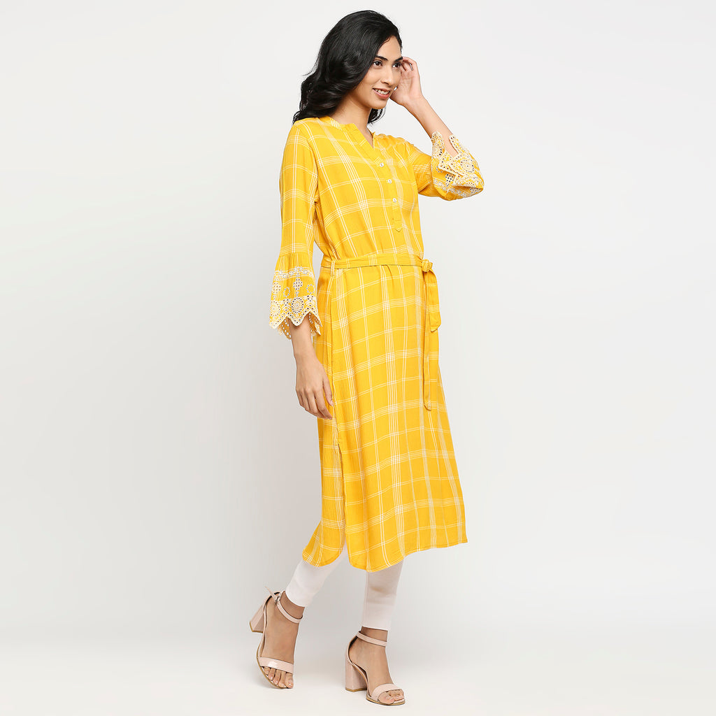 Women's Yellow Viscose Checkered Kurta