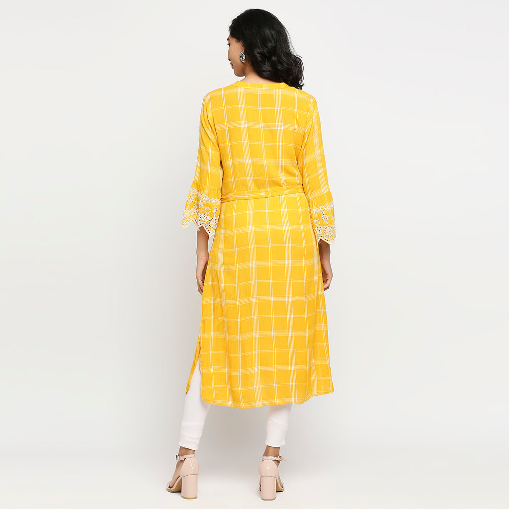 Women's Yellow Viscose Checkered Kurta