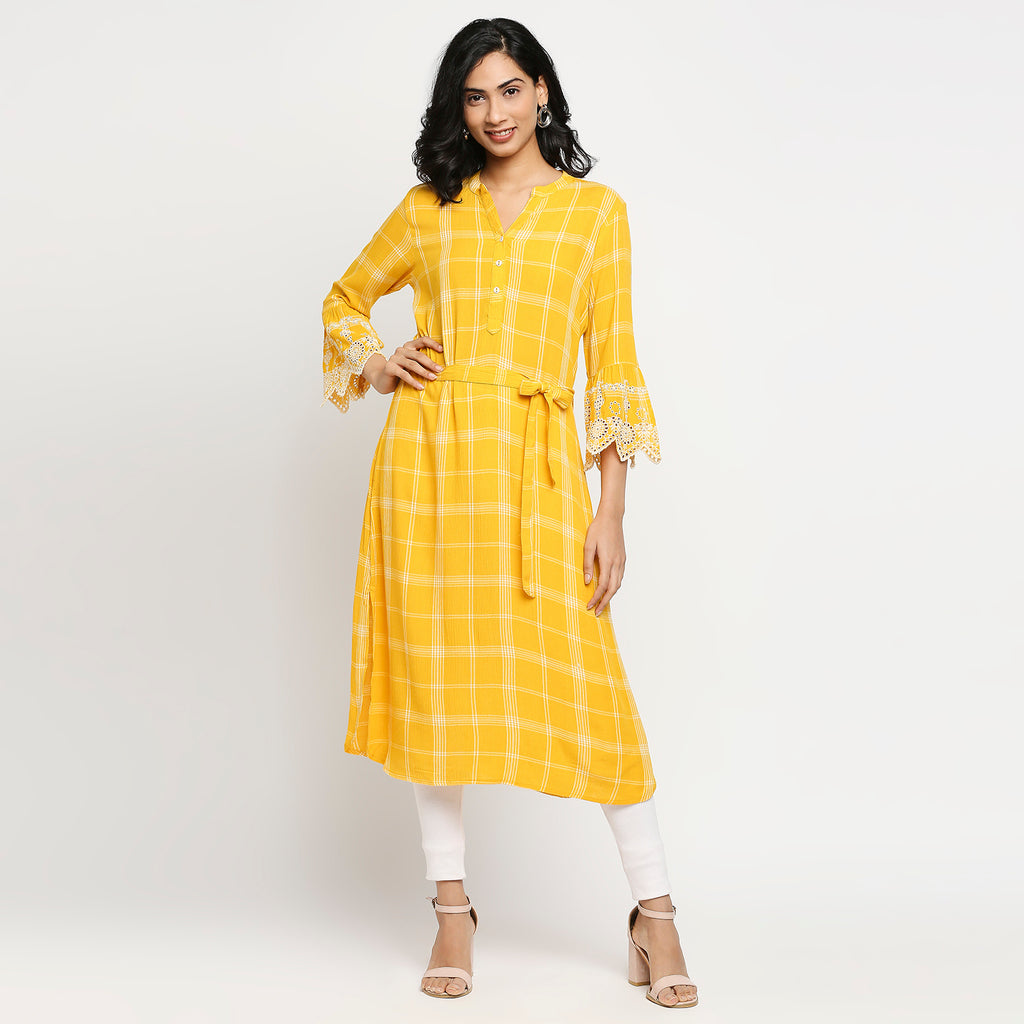 Women's Yellow Viscose Checkered Kurta