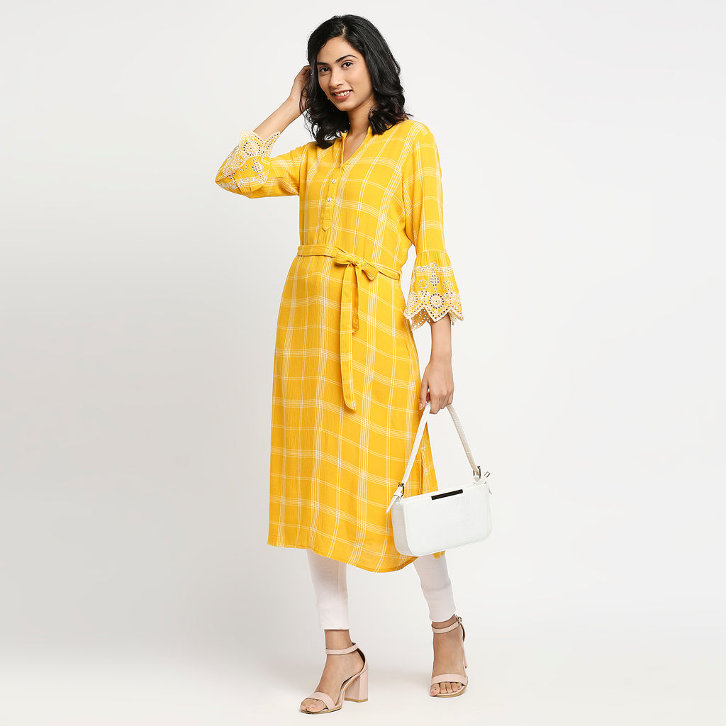 Women's Yellow Viscose Checkered Kurta