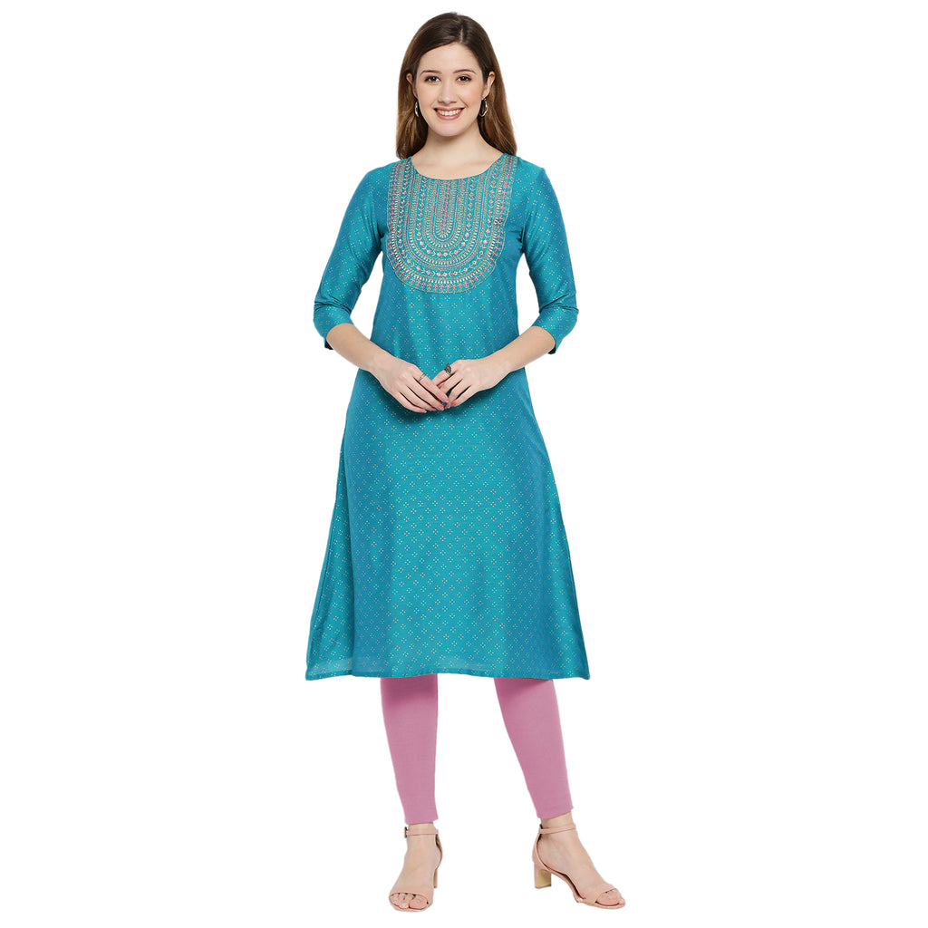 Women Turquoise Polystaple Embroidered Kurta