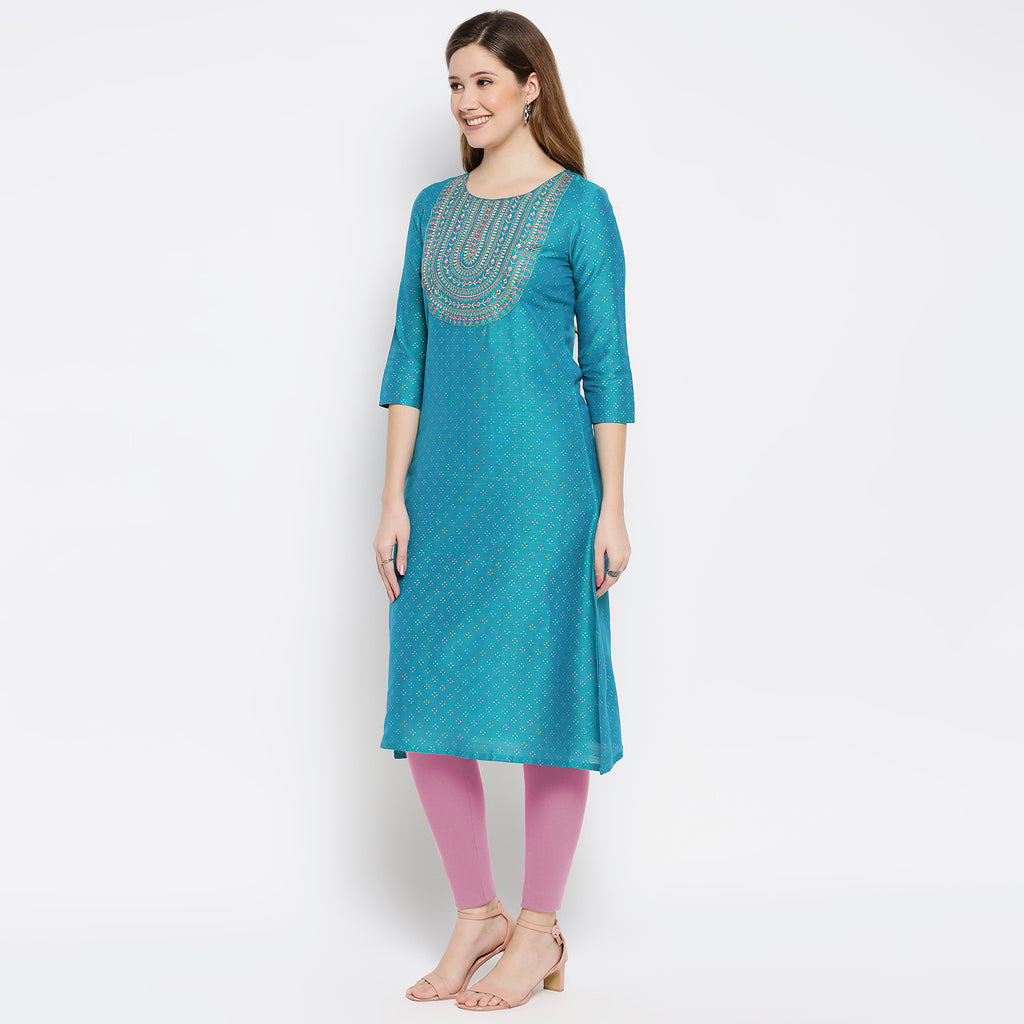 Women Turquoise Polystaple Embroidered Kurta